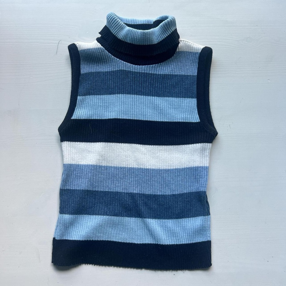 Vintage striped blue, white, and black turtle neck sweater vest top - Picture 2 of 5